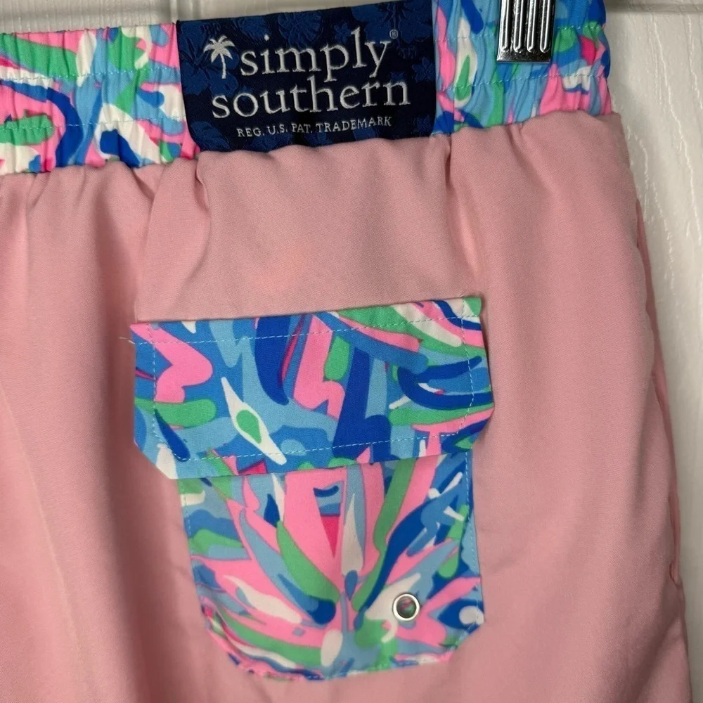 Simply Southern Pink Swim Trunks with Bright Detail on Waist Mens Size Large GUC